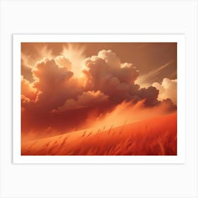 A Field Of Tall Grass With A Red Orange Sky Art Print