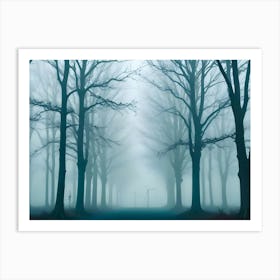 Dark And Foggy Forest Path With Tall, Bare Trees Art Print