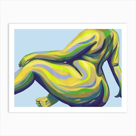 Curvy Nude Seated Woman In Yellow & Blue Art Print