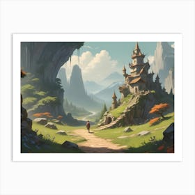 Illustration Of A Large, Detailed Castle Situated In A Picturesque, Green Landscape, With A Path Leading Up To The Structure Art Print