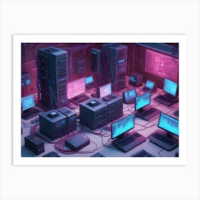 A Server Room With Multiple Computers, Servers, And Wires, Lit By Pink And Blue Neon Lights Art Print