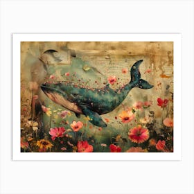 Whale In Flowers. Vintage style illustration. Wall art 03 Art Print