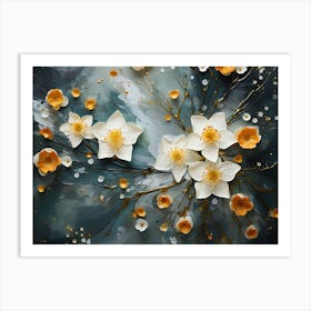 White Flowers On A Blue Background Art Print