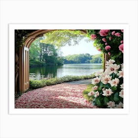 Beautiful Garden With Access To The Lake, Petals, And Pink And White Flowers 1 Art Print