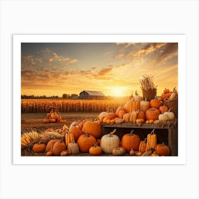 A Vintage Style Autumn Harvest Composition Showcasing Piles Of Pumpkins And Corn Cobs Scattered In Art Print