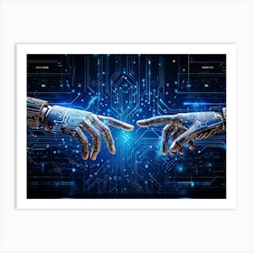 Abstract Cyber Concept Art Depicting A Human Hand And Artificial Intelligence Robotic Finger Almost 2 1 Art Print