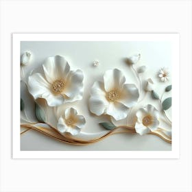 3d White Golden Flower Art Print