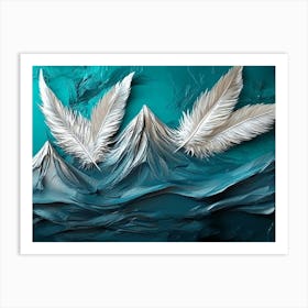 Vibrant 3d Abstract Teal Background Shimmering Silver Feathers Bold Volcanic Peaks Art Print