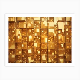 Wall Of Golden Cubes, Reflecting Light And Creating A Textured And Luxurious Geometric Pattern Art Print