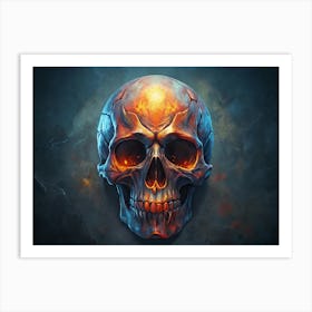 Glowing Human Skull With Fiery Eyes On A Blue Background Art Print