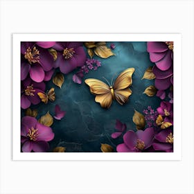 Purple Flowers with Golden Butterfly Art Print