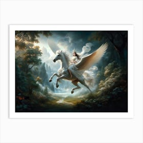 Pegasus Queen, In a mystical forest, a regal figure rides a majestic winged horse. Sunlight filters through dense foliage, casting a serene glow over an ethereal landscape. This fantasy scene evokes a sense of wonder and otherworldly grace. classic art Art Print
