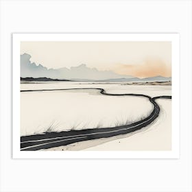 A Watercolor Painting Of A Winding Road Through A Desolate Landscape With Mountains In The Background Art Print