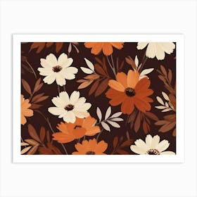 Seamless Floral Pattern Featuring Orange And White Cosmos Flowers With Dark Green Leaves On A Brown Background Art Print