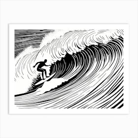 Linocut Black And White Surfer On A Wave art, surfing art, 244 Art Print