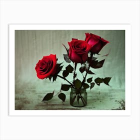 Three Red Roses In A Vase Art Print