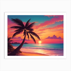 A Tranquil Beach At Sunset Horizontal Illustration 27 Art Print