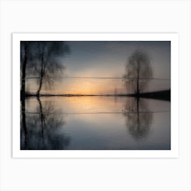 Reflection of trees in the lake at sunset Art Print