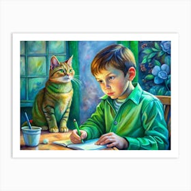 Boy Writing In Notebook With Cat Watching Art Print