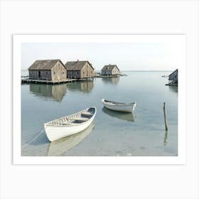 Two Rowboats At The Incoming Tide On The Coast, Calm Water, Overcast Sky, Rustic Dock Houses Art Print