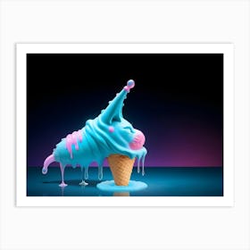 A Melting Blue Ice Cream Cone With Pink Accents, Dripping Onto A Reflective Blue Surface Against A Black Background Art Print