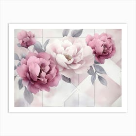 Beautiful 3d Watercolor Peonies in Rose Color with Geometrical Art Print