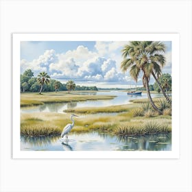 Egret watches a sailboat glide through the marsh at sunset in a serene landscape with palm trees and blue skies Art Print