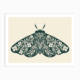 Folk Art Moth 04 - Midnight Green Art Print