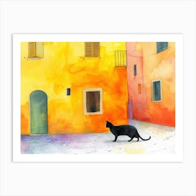 Black Cat In Reggio Emilia, Italy, Street Art Watercolour Painting 2 Art Print