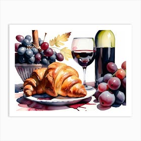 Croissant and Wine watercolor painting 6 Art Print