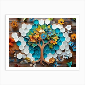 Vibrant With a Whimsical Tree, White Lattice Tiles and Colorful Hexagons Art Print