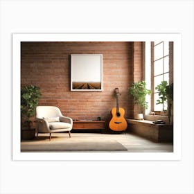 Acoustic Guitar and blank frame in living room 4 Art Print