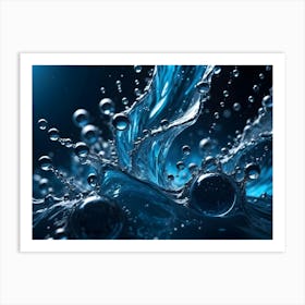 Close Up Of A Splash Of Blue Water With Droplets Suspended In Mid Air, Capturing The Fluid Dynamics Of Liquid Art Print