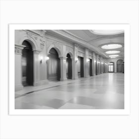 A Black And White Photograph Of A Long Hallway In An Elegant Building Art Print