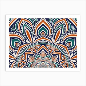 Wa240022 - Intricate Orange and Teal Mandala on Dark Blue - Vibrant Geometric Art Art Print