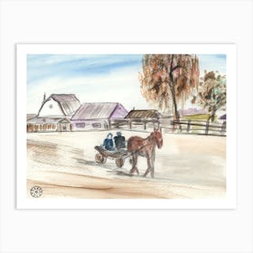 Rural Scene - hand painted watercolor horse village people nature Art Print