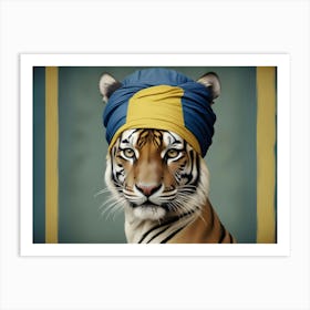 Portrait Of A Tiger Wearing A Blue And Yellow Turban Against A Teal Background Art Print