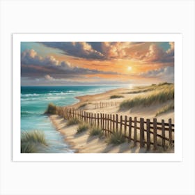 Vibrant Sunset Over Tranquil Beach Path with Rustic Fence and Calm Inlet Art Print