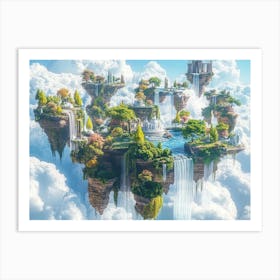 3d Surreal Landscape with Floating Islands Waterfalls and Otherworldly Flora Art Print