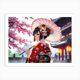 Asian Girl With Umbrella Art Print