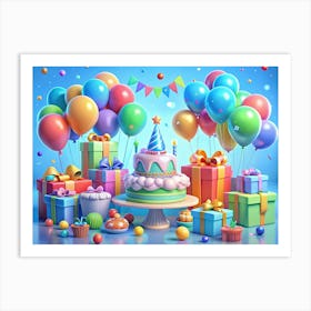 Colorful Birthday Scene With Cake, Balloons, And Presents Art Print