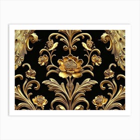 Elegant Leather Base Golden Floral Seamless Damask Flowers With Golden Peacocks Isolated On Black Background 1 Art Print