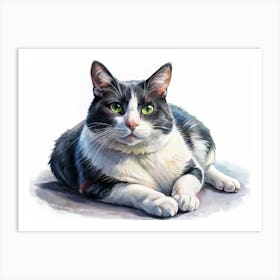 Watercolor Painting Of A Black And White Cat Lying Down Art Print