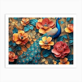 Elegant Leather Base Combines Bright Color Floral with Exotic Oriental Pattern Flowers and Peacocks 2 Art Print