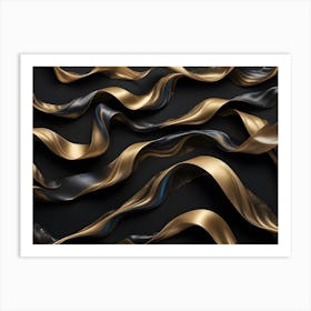 Abstract 3d Rendering Of A Pattern Of Black And Gold Ribbons Intertwining And Flowing Against A Black Background Art Print