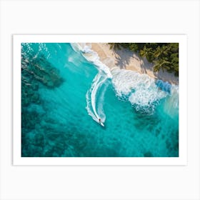 Aerial View Capturing A Single Surfer Carving Through The Azure Waves Silhouetted Against The Cryst (2) Art Print