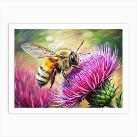 Honeybee Collecting Pollen On Purple Thistle Flower Art Print