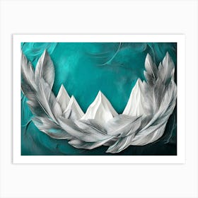 Vibrant 3d Abstract Teal Background Shimmering Silver Feathers Bold Volcanic Peaks Modern 1 Art Print