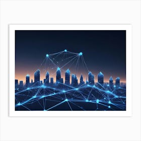 A Futuristic Cityscape Is Depicted As A Silhouette Against A Dark Sky, With A Network Of Glowing Blue Lines Connecting The Buildings, Symbolizing Technological Interconnectedness Art Print