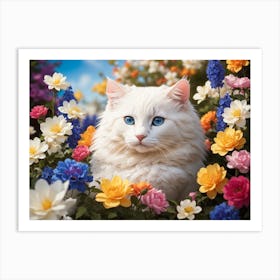 White Cat In Flowers Art Print